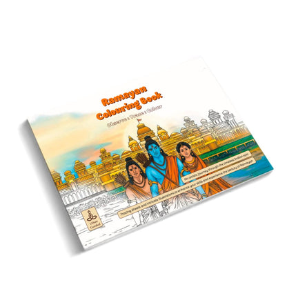 Ramayan Colouring Book with illustrations of characters and a temple on a white background
