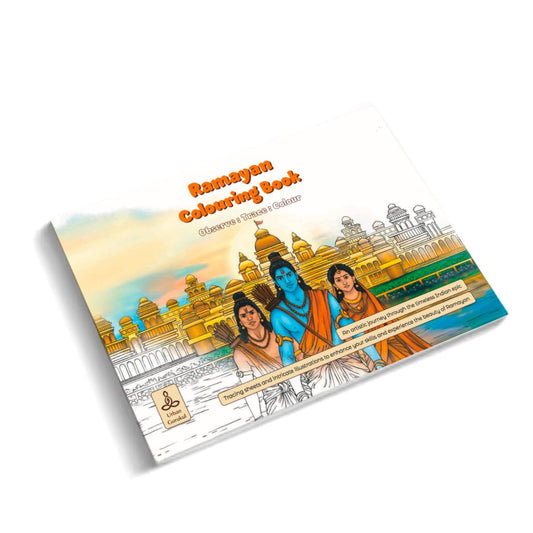 Ramayan Colouring Book with illustrations of characters and a temple on a white background